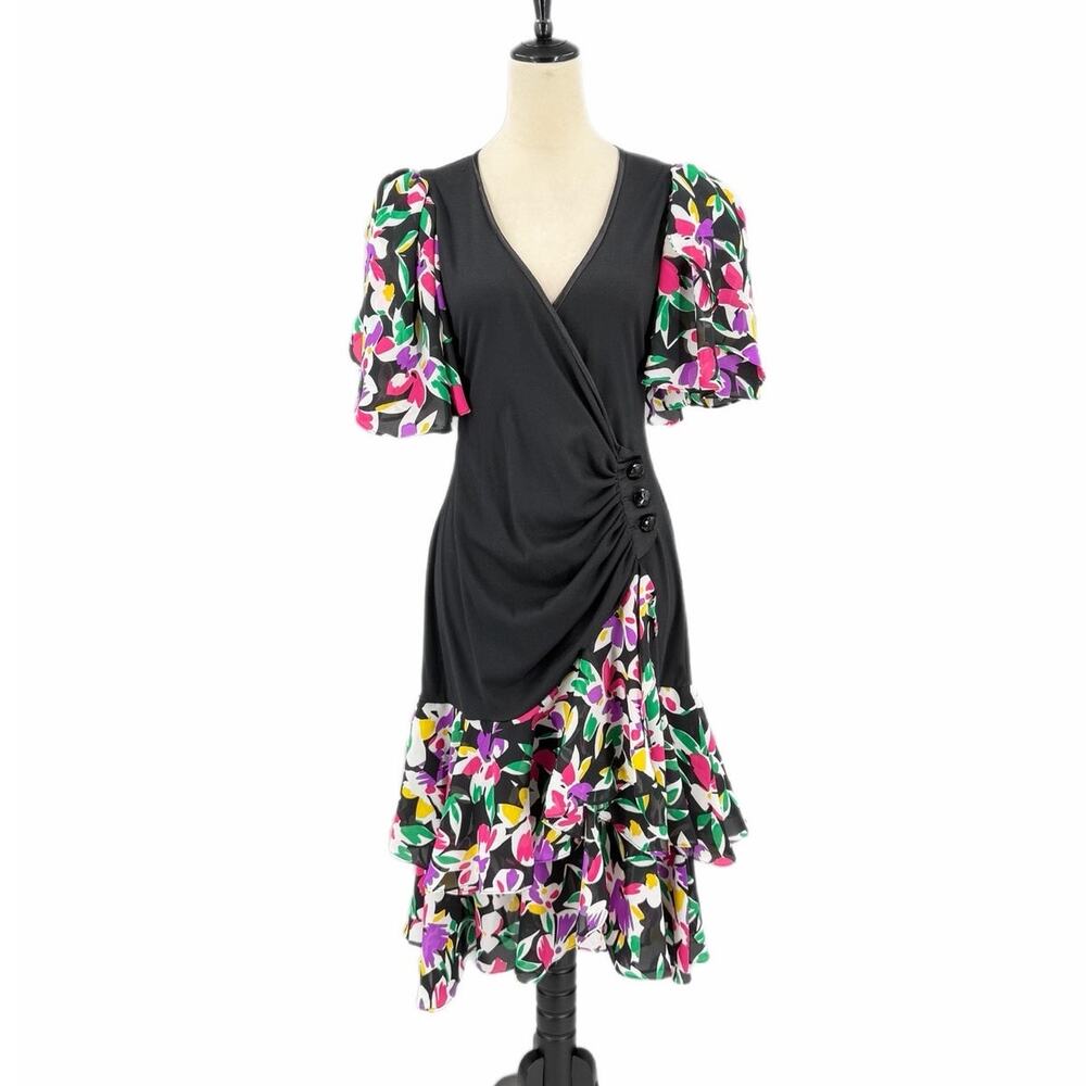 Vintage 80's Lorrie Kabala NEW Black Floral Vibrant Faux Wrap Retro Party Dress